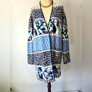 OLSEN Blue And Cream Heavyweight Cotton Blend Patterned Long Cardigan. Size 12